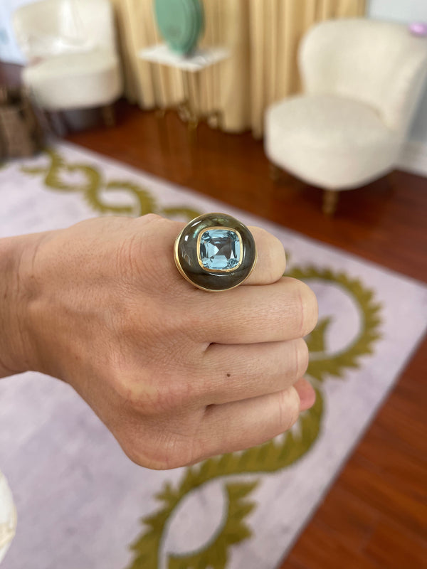 Retrouvai 4.87ct Aquamarine In Hand Carved Labradorite Lollipop Ring