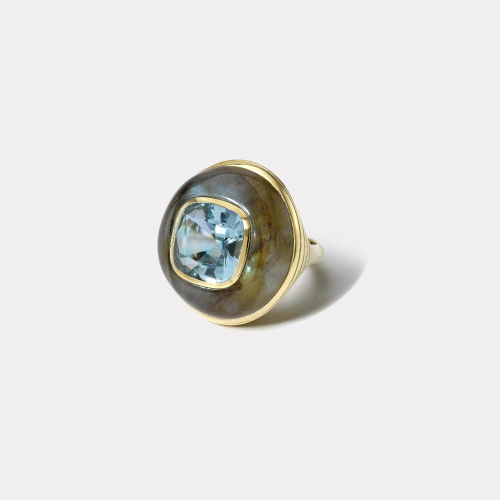 retrouvai 4.87ct Aquamarine in Hand Carved Labradorite Lollipop Ring