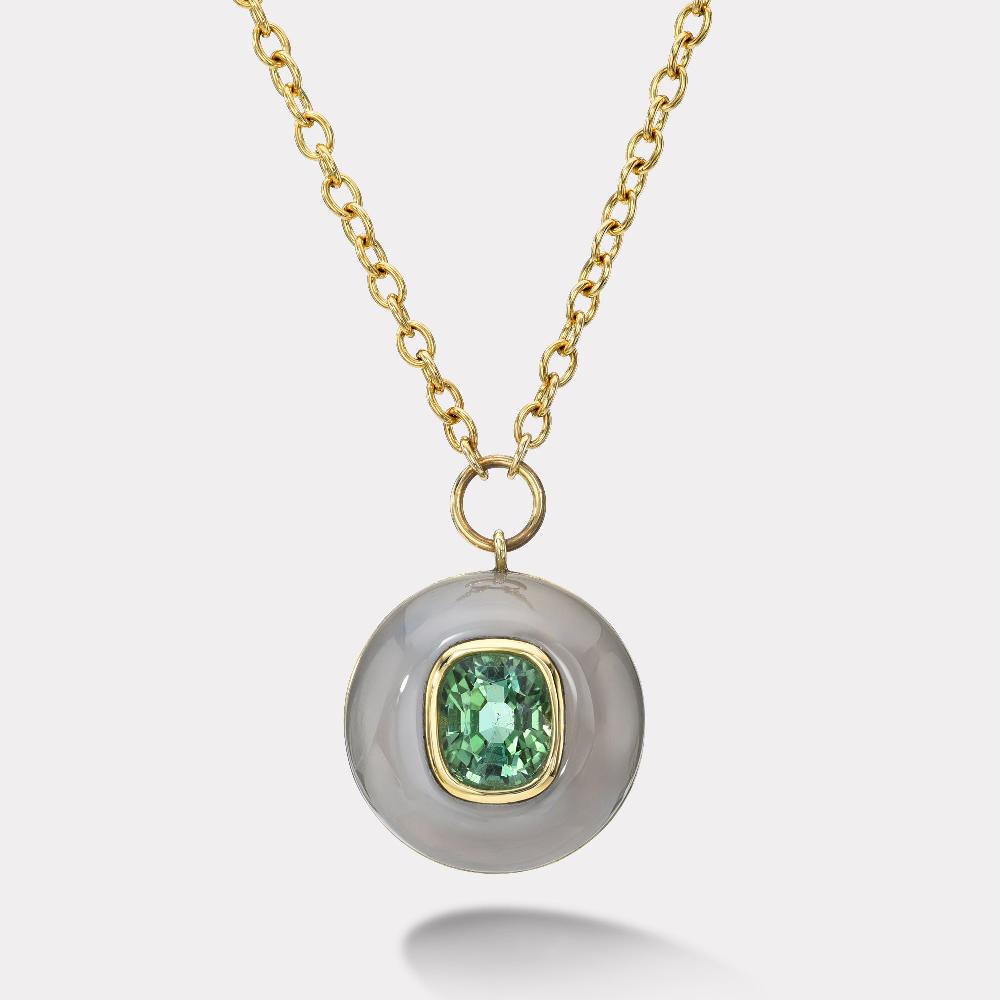 retrouvai 4.9ct Cushion Green Tourmaline in Chalcedony Lollipop Pendant