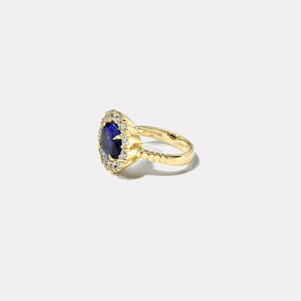 Retrouvai 5.04ct Oval Blue Sapphire Diamond Heirloom Bezel Ring