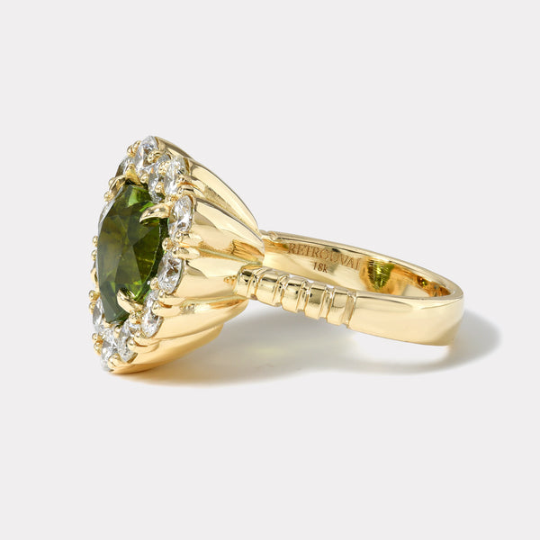 Retrouvai 5.05ct Heart Green Tourmaline Diamond Heirloom Bezel Ring