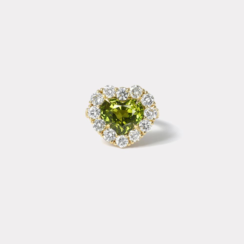 retrouvai 5.05ct Heart Green Tourmaline Diamond Heirloom Bezel Ring