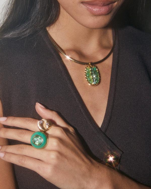 Retrouvai 5.10ct Cushion Aquamarine In Hand Carved Chrysoprase Lollipop Ring