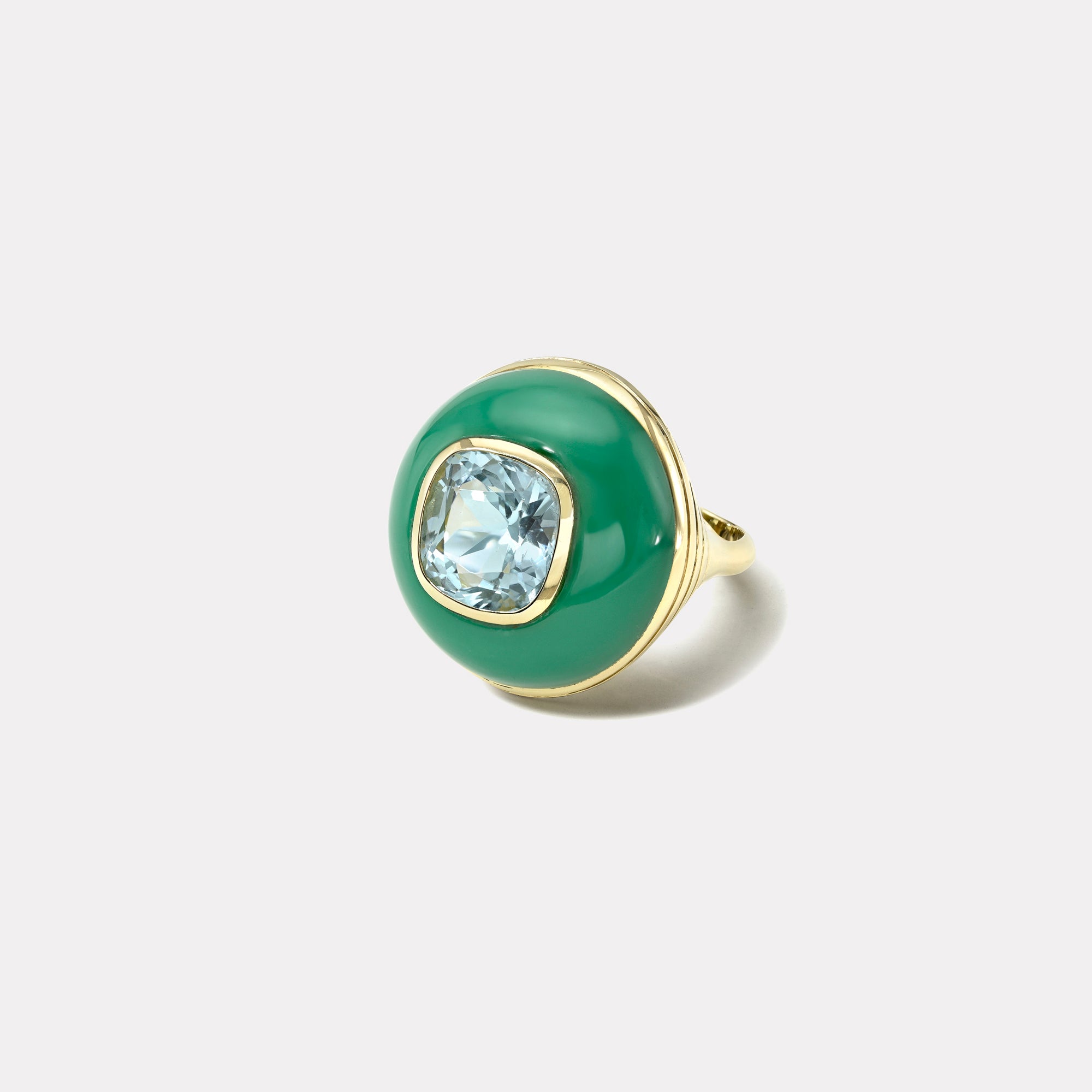 retrouvai 5.10ct Cushion Aquamarine in Hand Carved Chrysoprase Lollipop Ring
