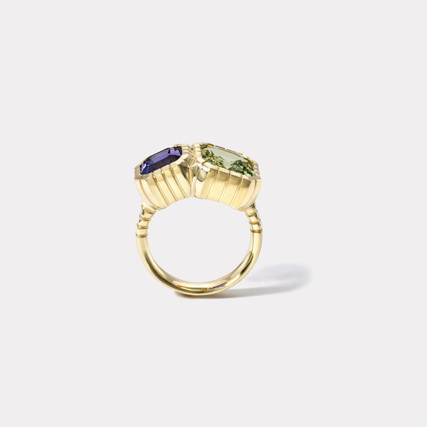 Retrouvai 5.25ct Unheated Chrysoberyl And 3.61ct Unheated Violet Sapphire Heirloom Bezel Ring
