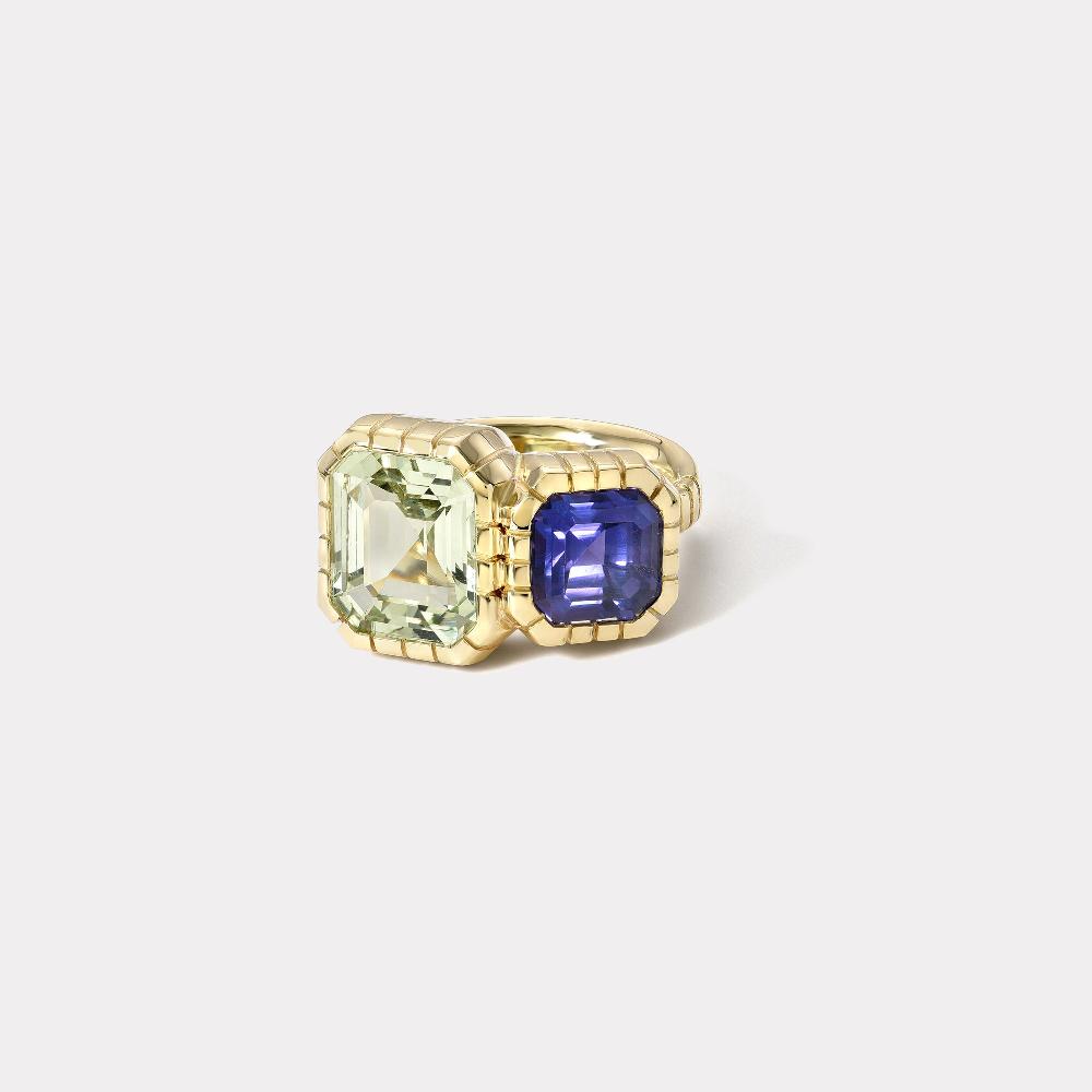 retrouvai 5.25ct Unheated Chrysoberyl and 3.61ct Unheated Violet Sapphire Heirloom Bezel Ring