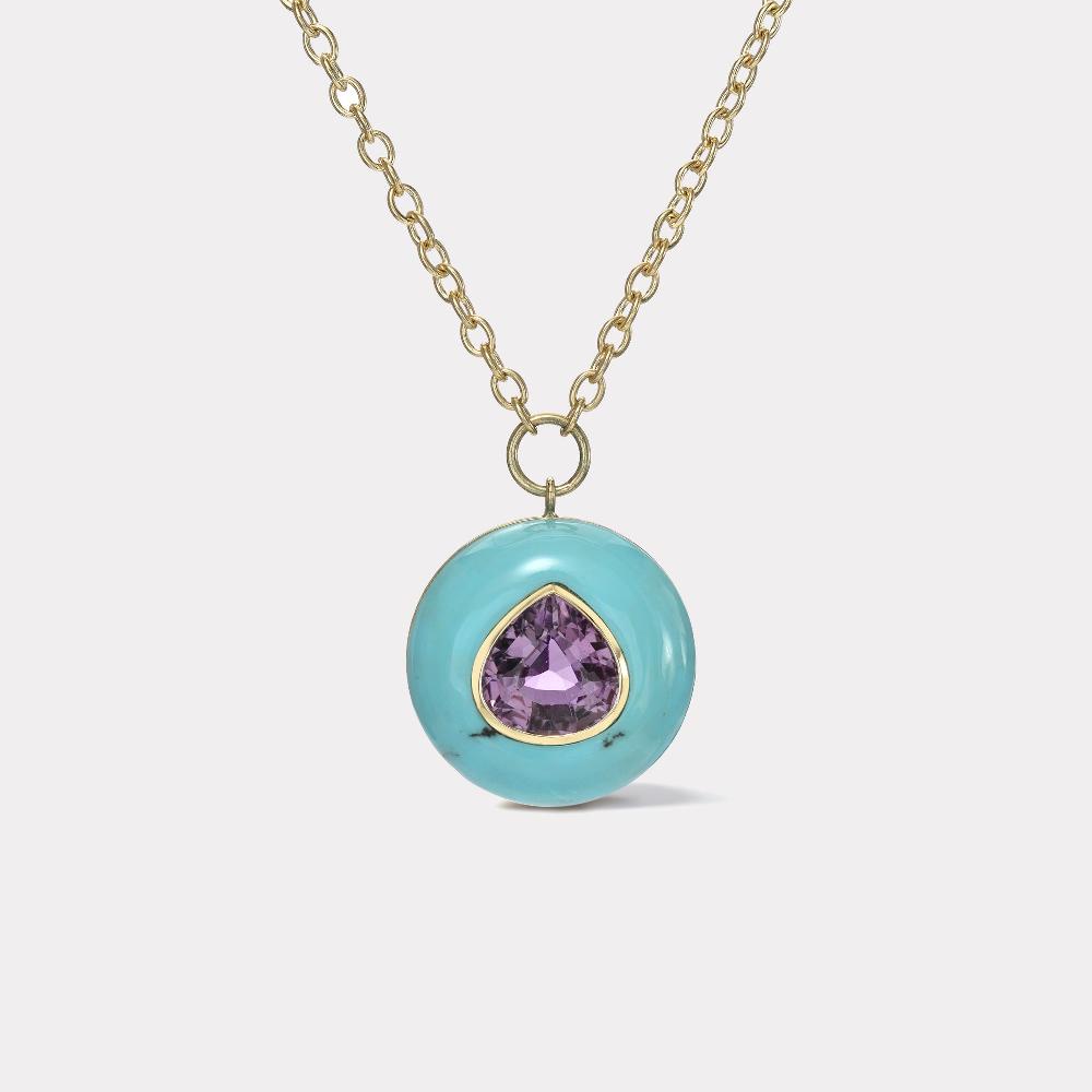 retrouvai 5.3ct Pear shaped Amethyst in Hand Carved Turquoise Lollipop Pendant