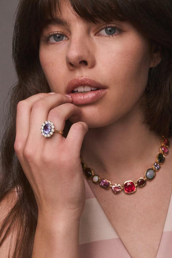 Retrouvai 5.45ct Oval Tanzanite Diamond Heirloom Bezel Ring