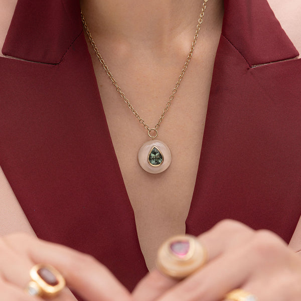 Retrouvai 5.45ct Pear Green Tourmaline In Rose Quartz Lollipop Pendant