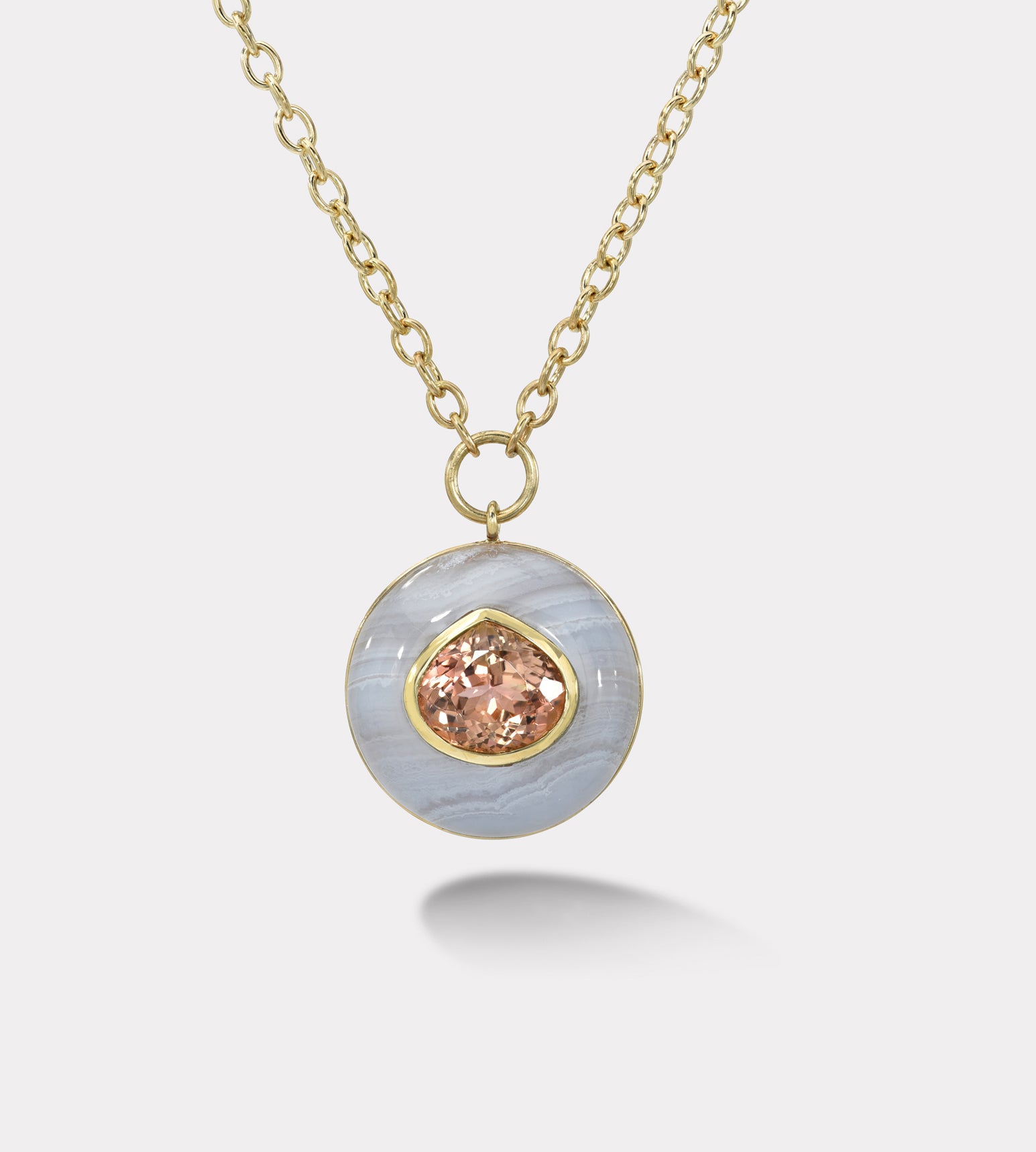 retrouvai 5.45ct Pear Peach Tourmaline in Hand Carved Blue Lace Agate Lollipop Pendant