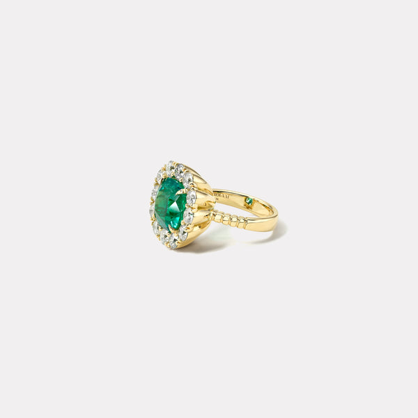 Retrouvai 5.57ct Cushion Colombian Emerald Diamond Heirloom Bezel Ring