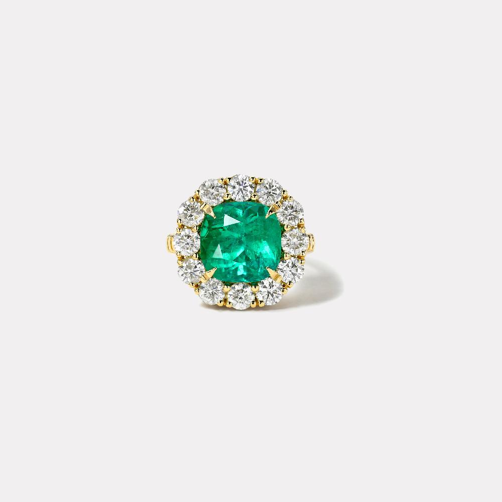retrouvai 5.57ct Cushion Colombian Emerald Diamond Heirloom Bezel Ring