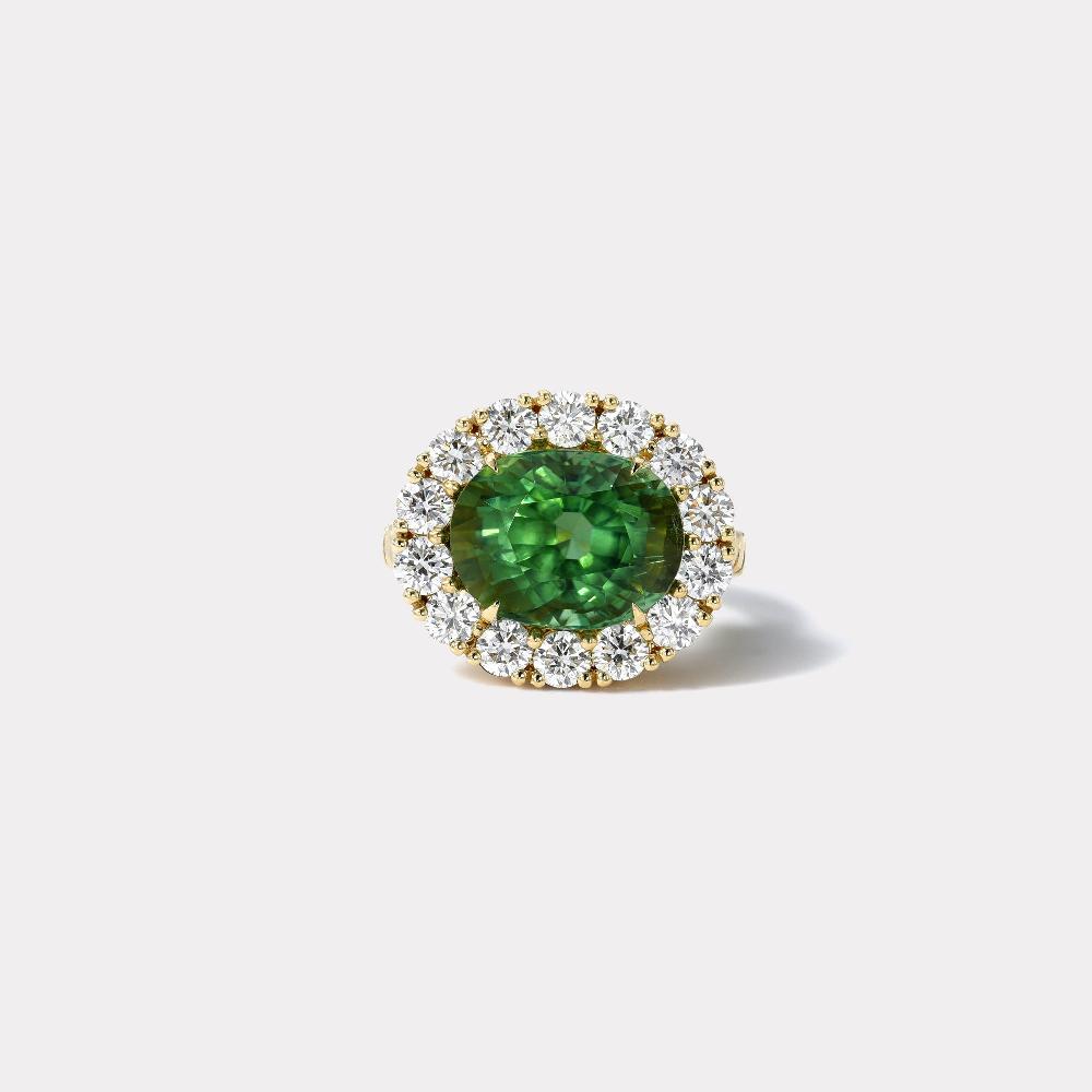 retrouvai 5.67ct Green Tourmaline and Diamond Heirloom Bezel Ring