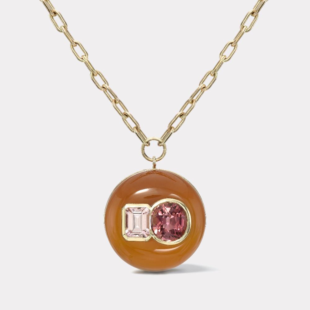 retrouvai 5.68ct Tourmaline and 1.84ct Morganite in Carnelian Double Stone Lollipop Pendant