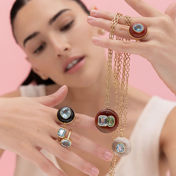 Retrouvai 5.79 Green Tourmaline And 5.76ct Aquamarine In Hand Carved Carnelian Double Stone Lollipop Pendant