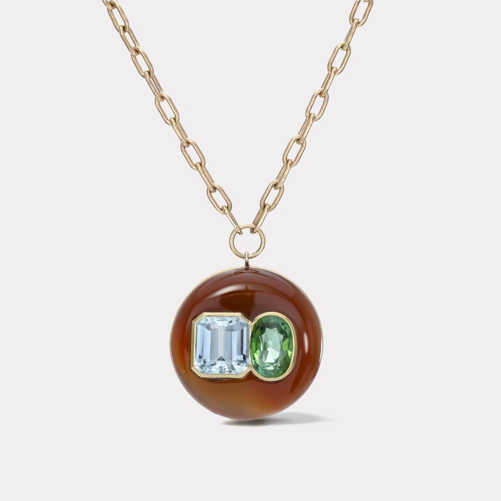 retrouvai 5.79 Green Tourmaline and 5.76ct Aquamarine in Hand Carved Carnelian Double Stone Lollipop Pendant