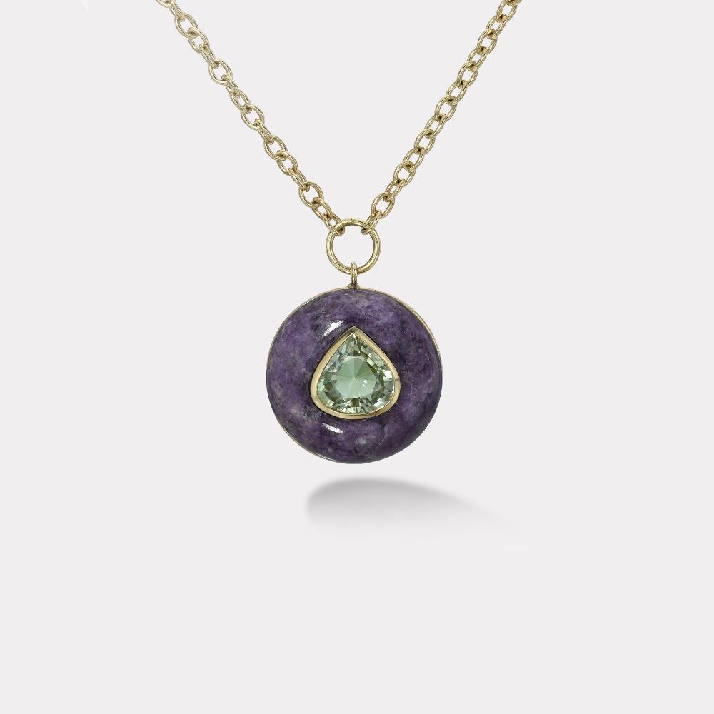 retrouvai 5.87ct Green Tourmaline in Hand Carved Lepidolite Lollipop Pendant