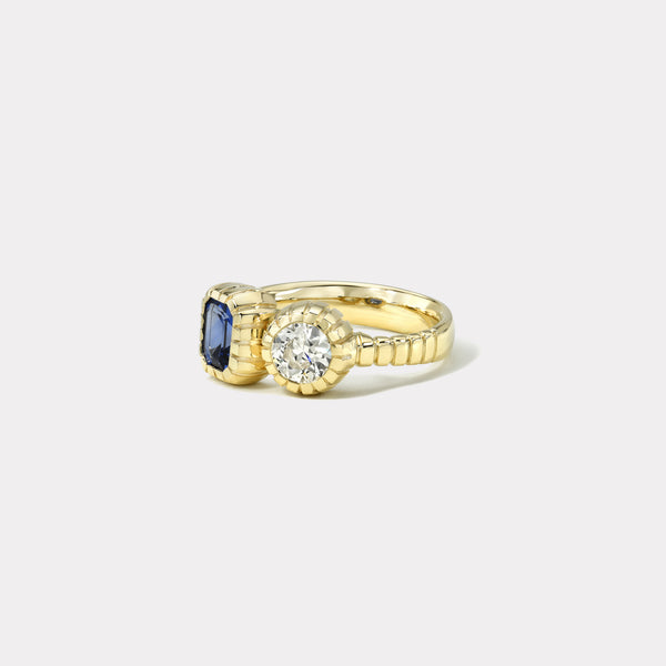 Retrouvai .59ct Round Diamond And 1.02ct Emerald Cut Sapphire Double Stone Heirloom Bezel Ring