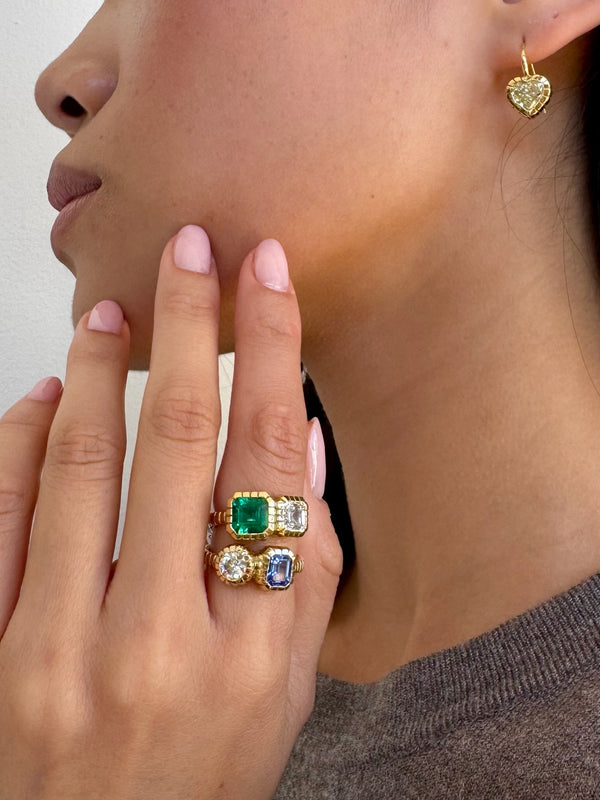 Retrouvai .59ct Round Diamond And 1.02ct Emerald Cut Sapphire Double Stone Heirloom Bezel Ring