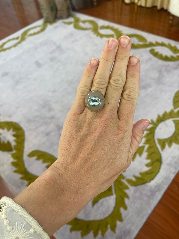 Retrouvai 5ct Aquamarine In Hand Carved Chalcedony Lollipop Ring