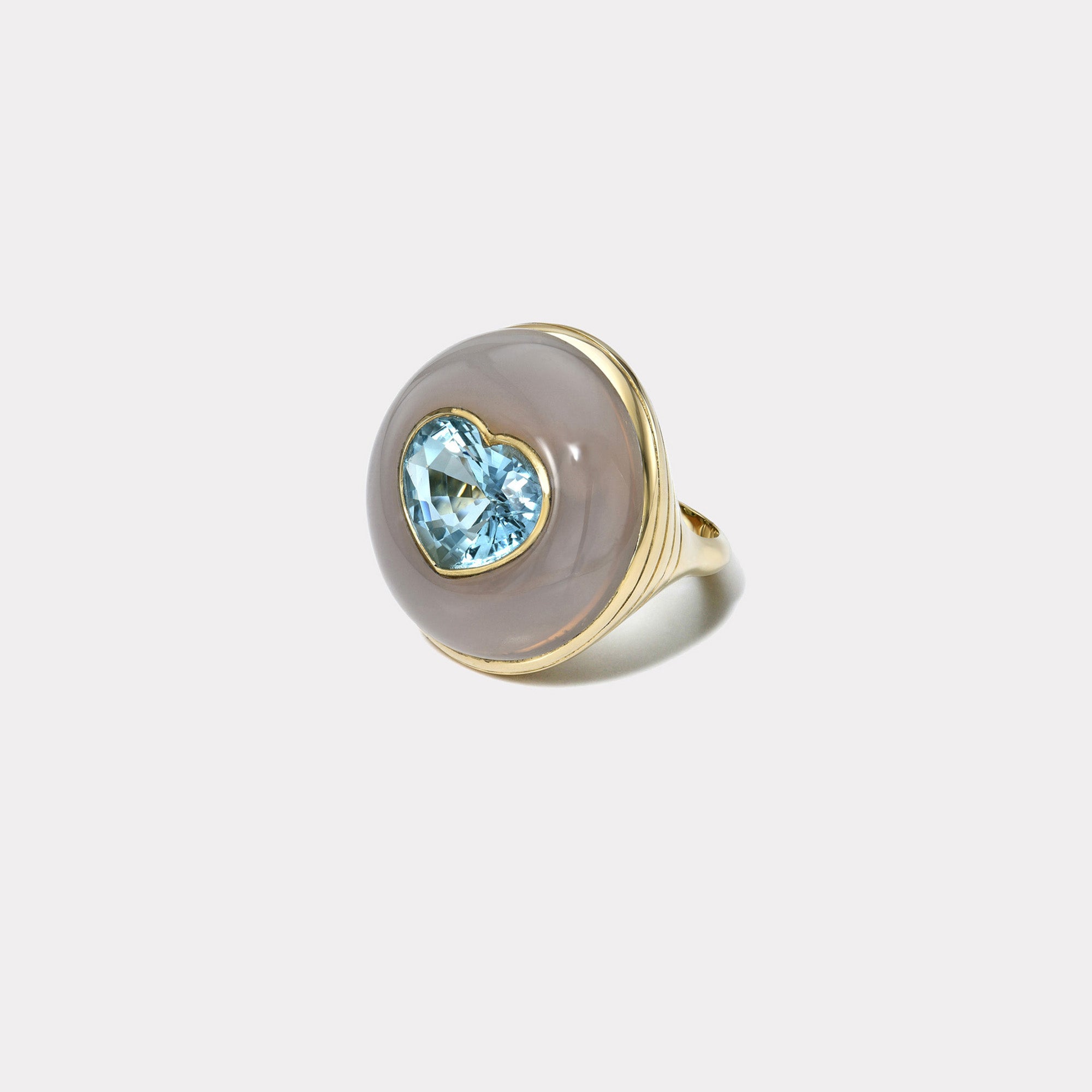 retrouvai 5ct Aquamarine in Hand Carved Chalcedony Lollipop Ring