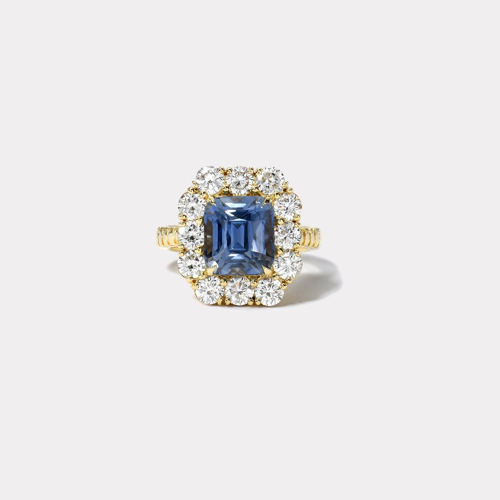 retrouvai 5ct Blue Sapphire and Diamond Heirloom Bezel Ring