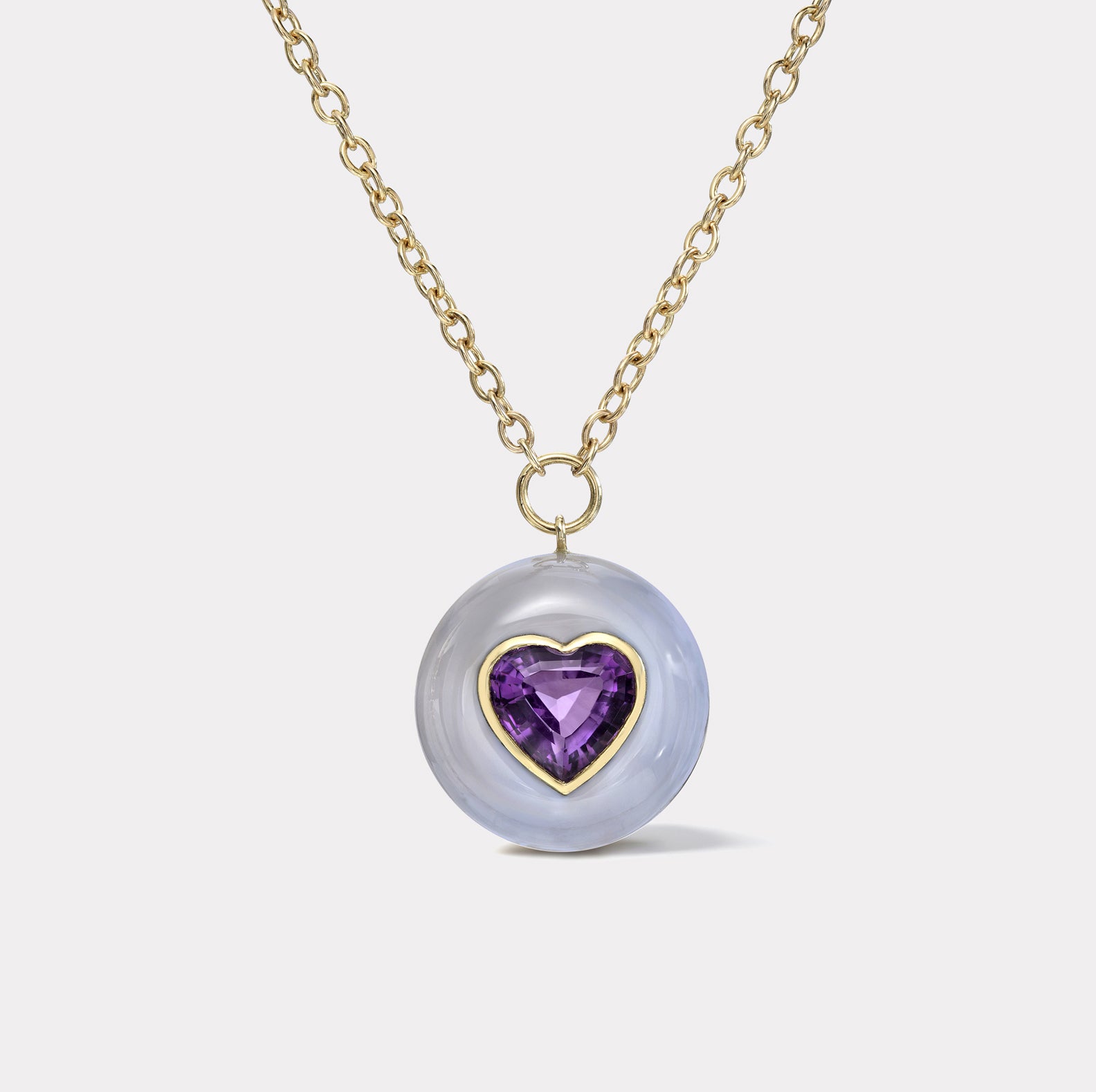 retrouvai 5ct Heart Amethyst in Hand Carved Chalcedony Lollipop Pendant