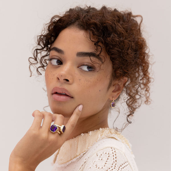 Retrouvai 6.10ct Amethyst Cushion Heirloom Bezel Ring