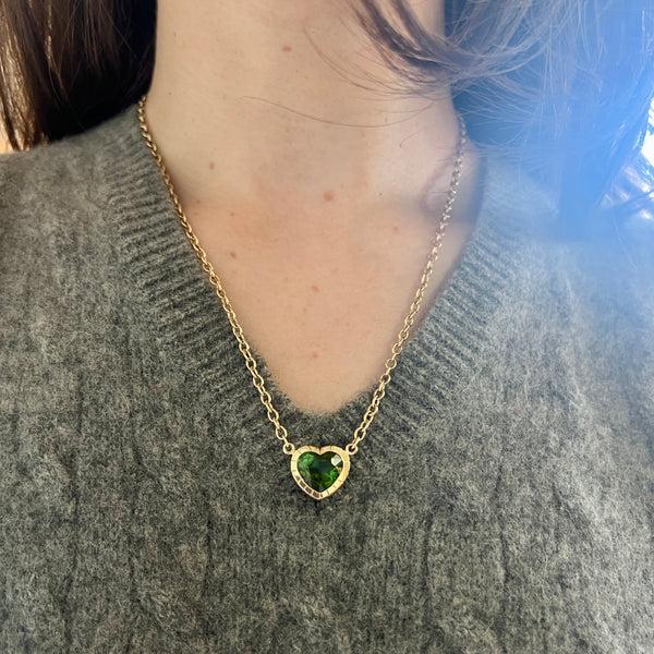 Retrouvai 6.16ct Heart Green Tourmaline Heirloom Bezel Pendant