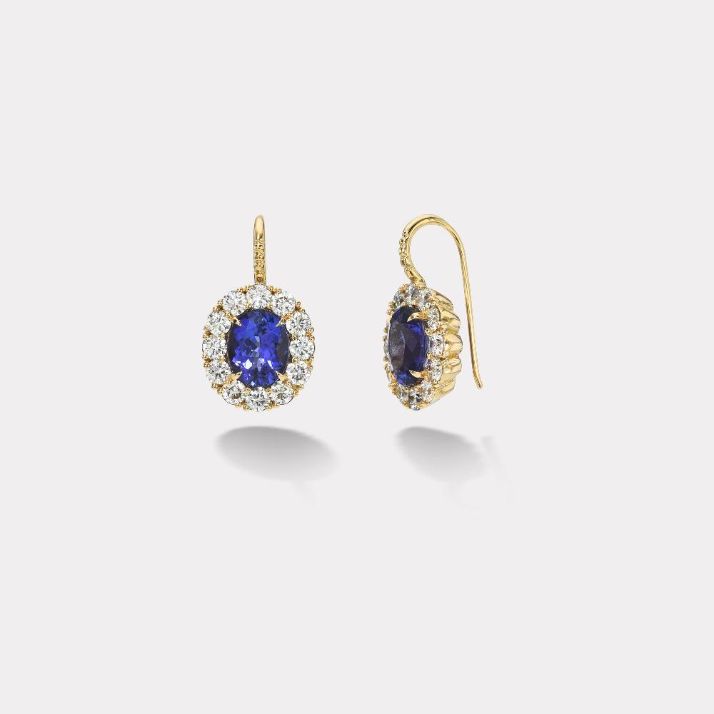 retrouvai 6.17ct Oval Tanzanites with 3.17ct Diamond Halo Heirloom Bezel Earrings
