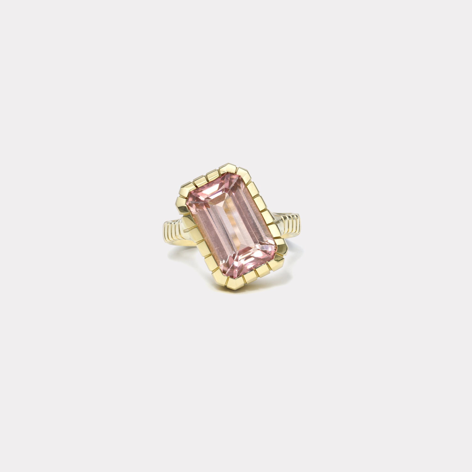 retrouvai 6.1ct Tilted Emerald Cut Pink Tourmaline Heirloom Bezel Ring