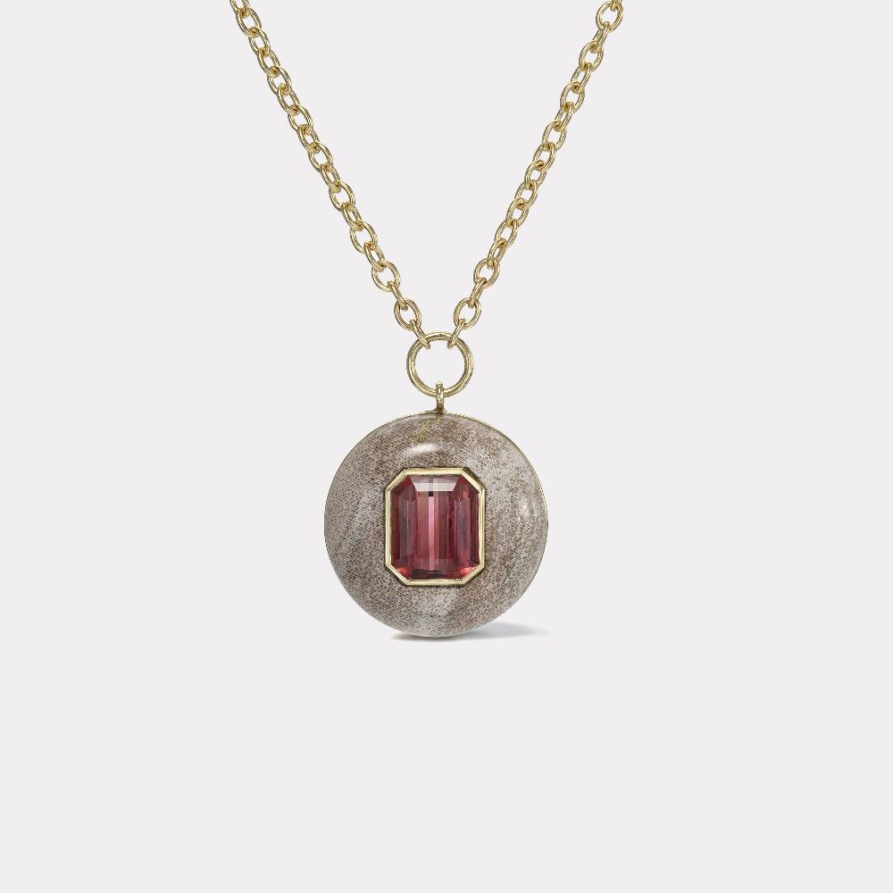 retrouvai 6.25ct Emerald Cut Red Tourmaline in Hand Carved Petrified Wood Lollipop Pendant