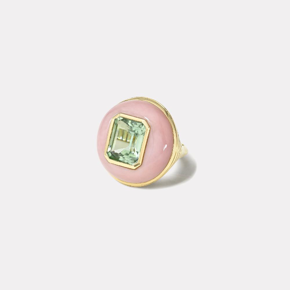retrouvai 6.26ct Emerald Cut Mint Green Tourmaline in Hand Carved Pink Opal Classic Lollipop Ring