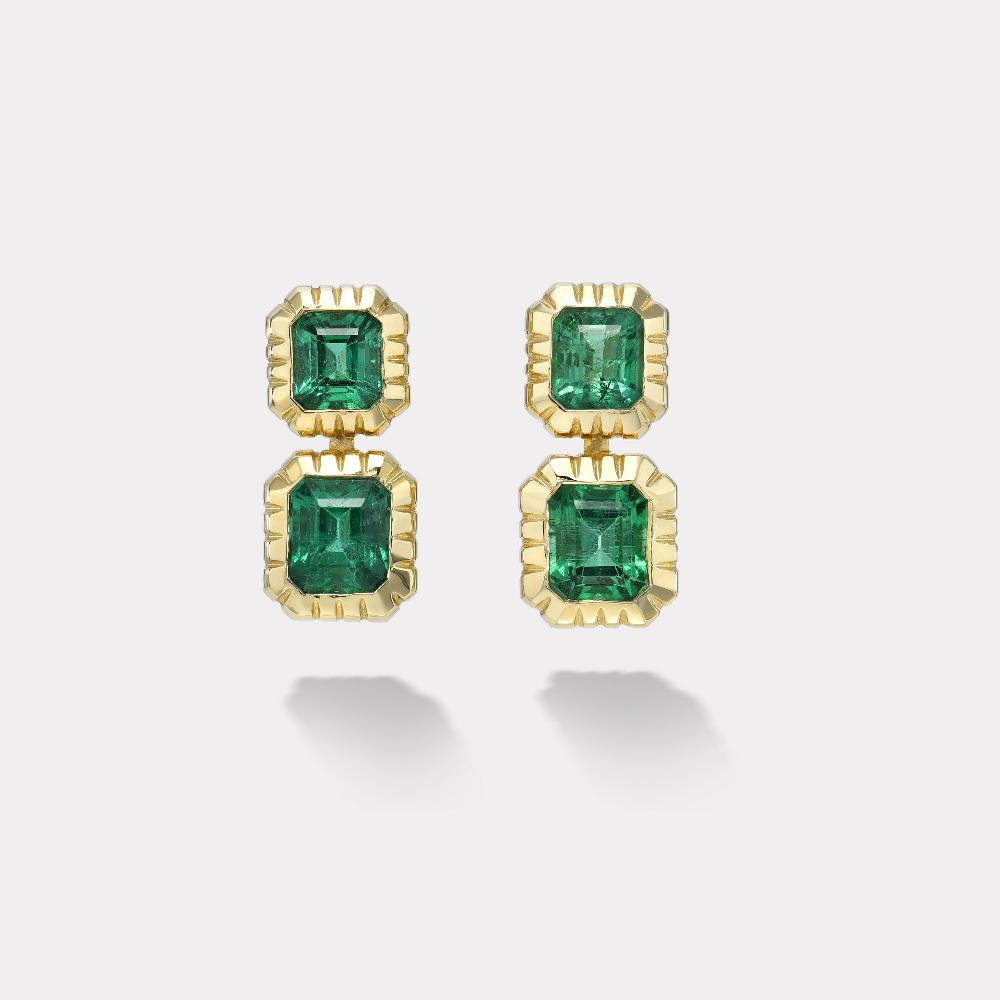 retrouvai 6.32ct Double Stone Emerald Heirloom Bezel Stud Earrings
