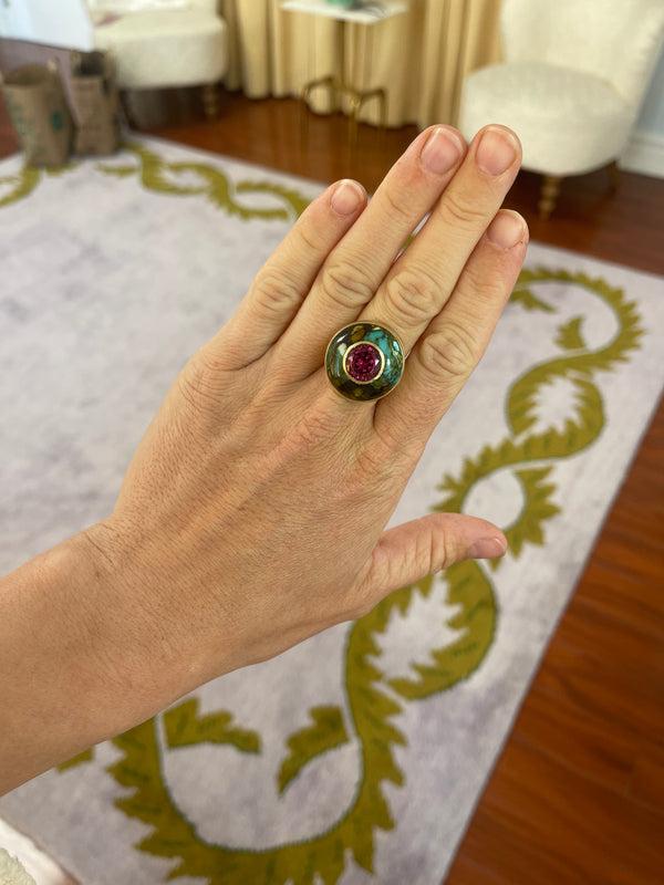 Retrouvai 6.35ct Rhodolite Garnet In Hand Carved Turquoise Lollipop Ring