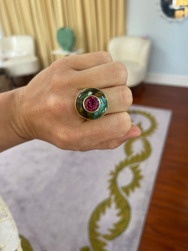 Retrouvai 6.35ct Rhodolite Garnet In Hand Carved Turquoise Lollipop Ring