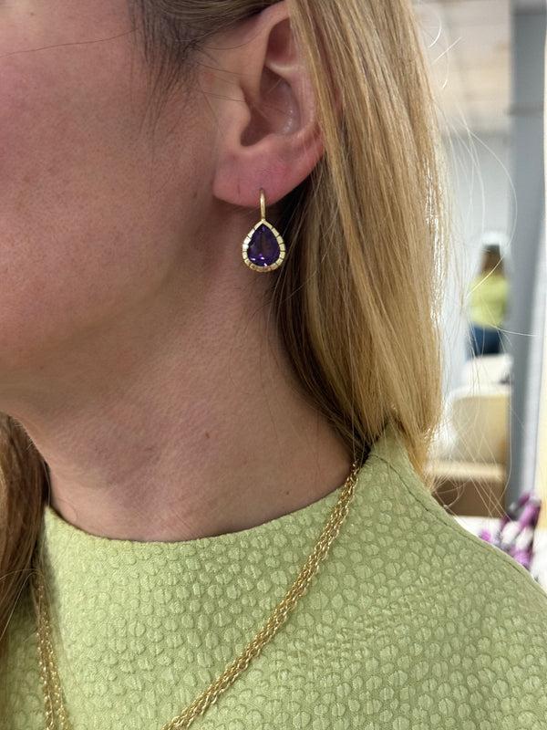 Retrouvai 6.36ct Pear Shaped Amethyst Heirloom Bezel Earrings