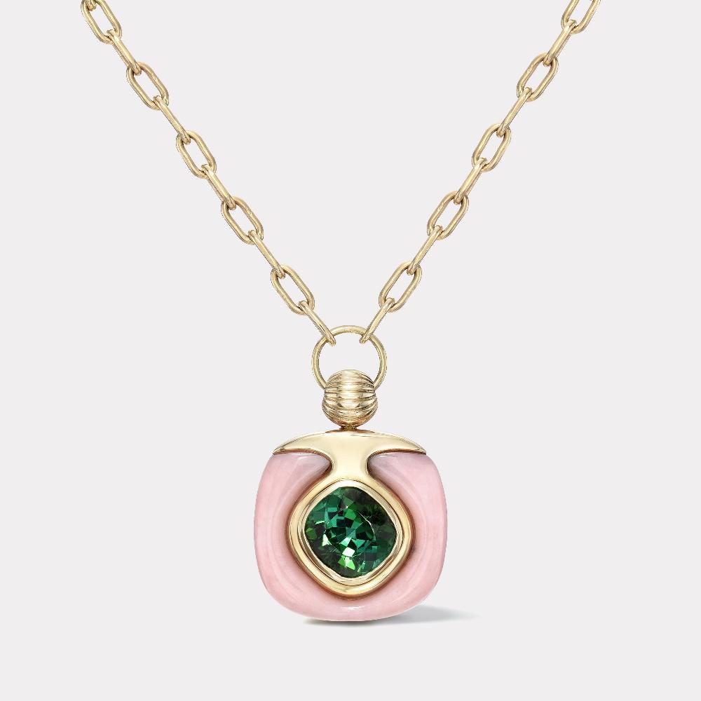 retrouvai 6.3ct Green Tourmaline in Pink Opal Impetus Pendant