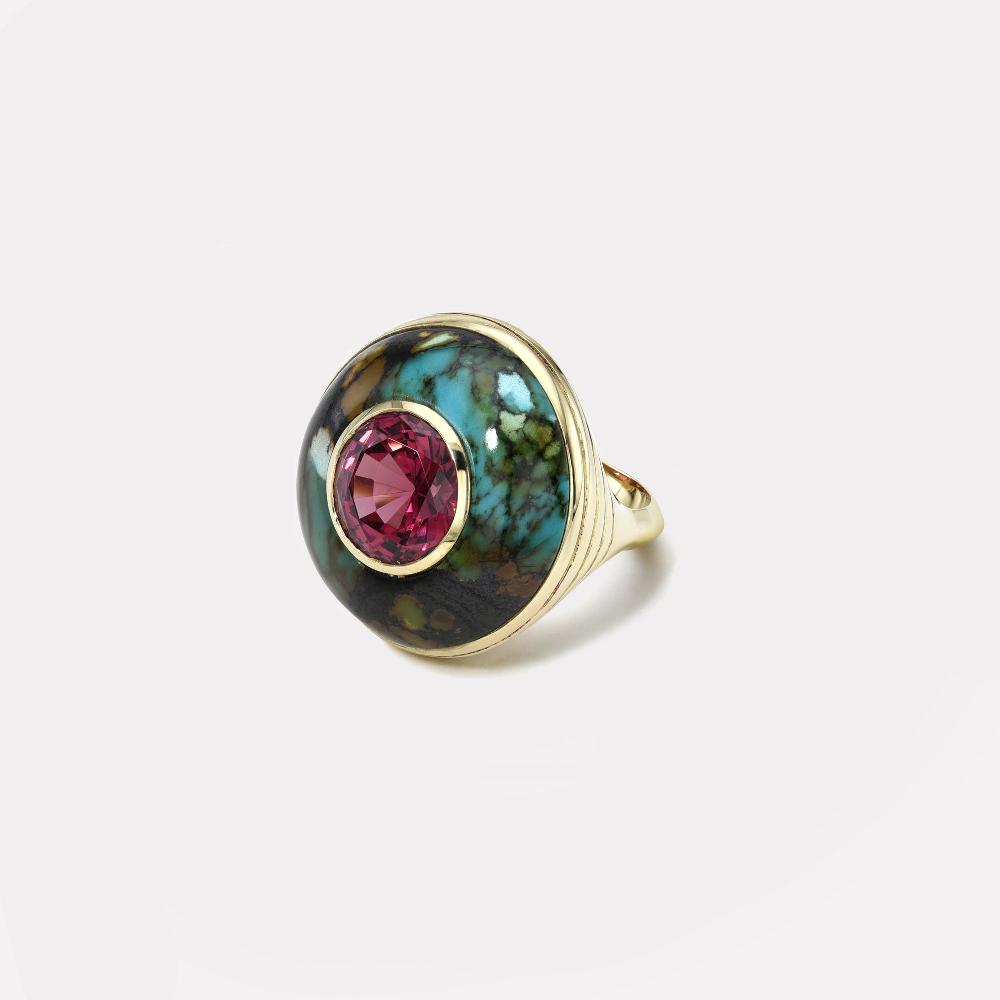retrouvai 6.40ct Rhodolite Garnet in Hand Carved Turquoise Lollipop Ring
