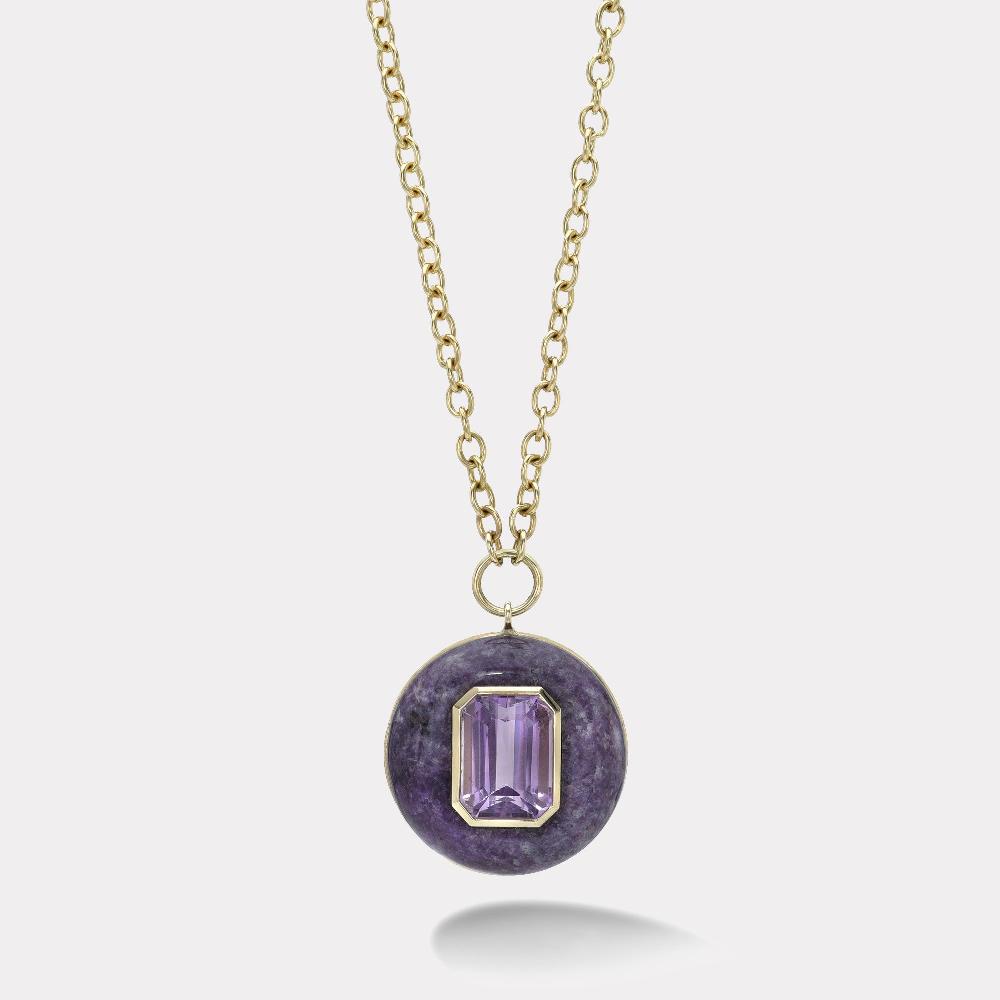 retrouvai 6.46ct Emerald cut Amethyst in Hand Carved Lepidolite Lollipop Pendant