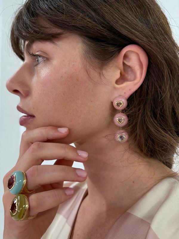 Retrouvai 6.77ct Mixed Heart Sapphires In Hand Carved Pink Opal Lollipop Drop Earrings