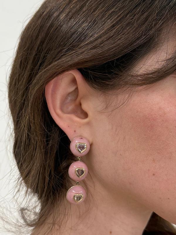 Retrouvai 6.77ct Mixed Heart Sapphires In Hand Carved Pink Opal Lollipop Drop Earrings