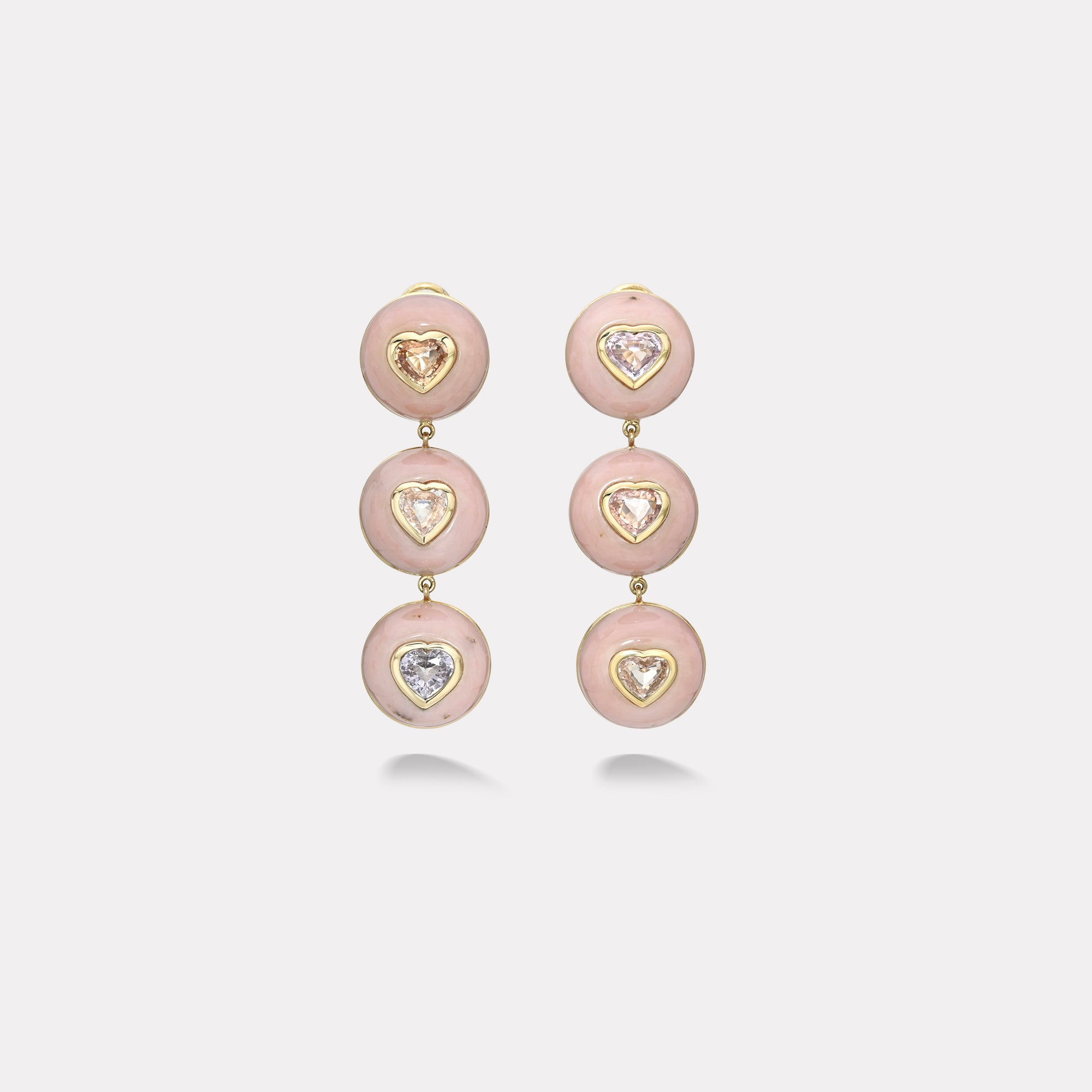retrouvai 6.77ct Mixed Heart Sapphires in Hand Carved Pink Opal Lollipop Drop Earrings