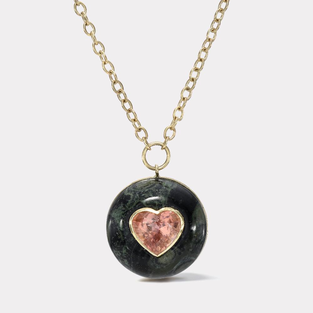 retrouvai 6.7ct Pink Tourmaline Heart in Spotted Green Jasper Lollipop Pendant