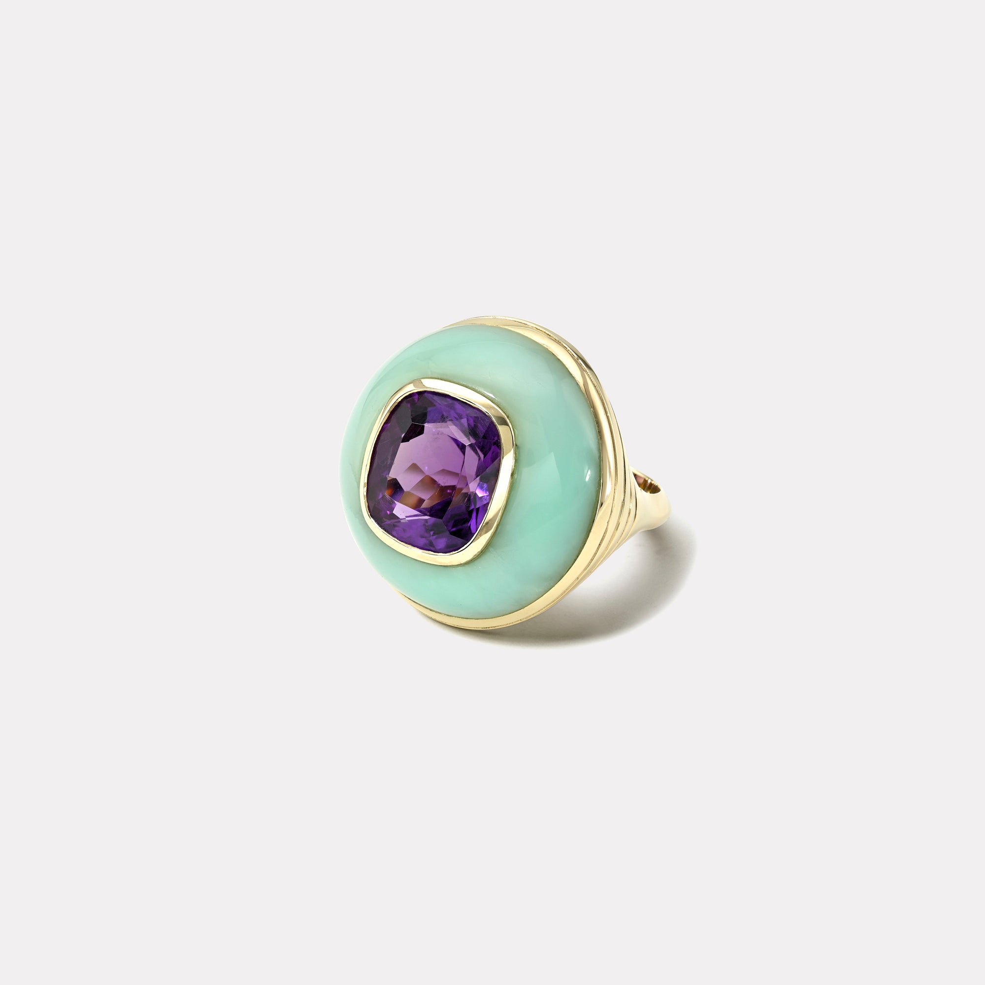 retrouvai 6.8ct Cushion Amethyst in Hand Carved Chrysoprase Lollipop Ring