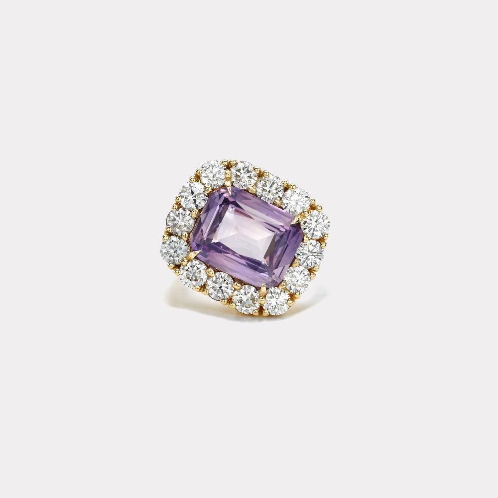 retrouvai 6.8ct Tilted Emerald Cut Purple Sapphire and Diamond Heirloom Bezel Ring
