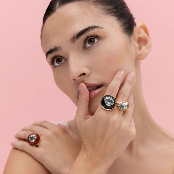 Retrouvai 6.92ct Aquamarine In Hand Carved Black Jade Lollipop Ring