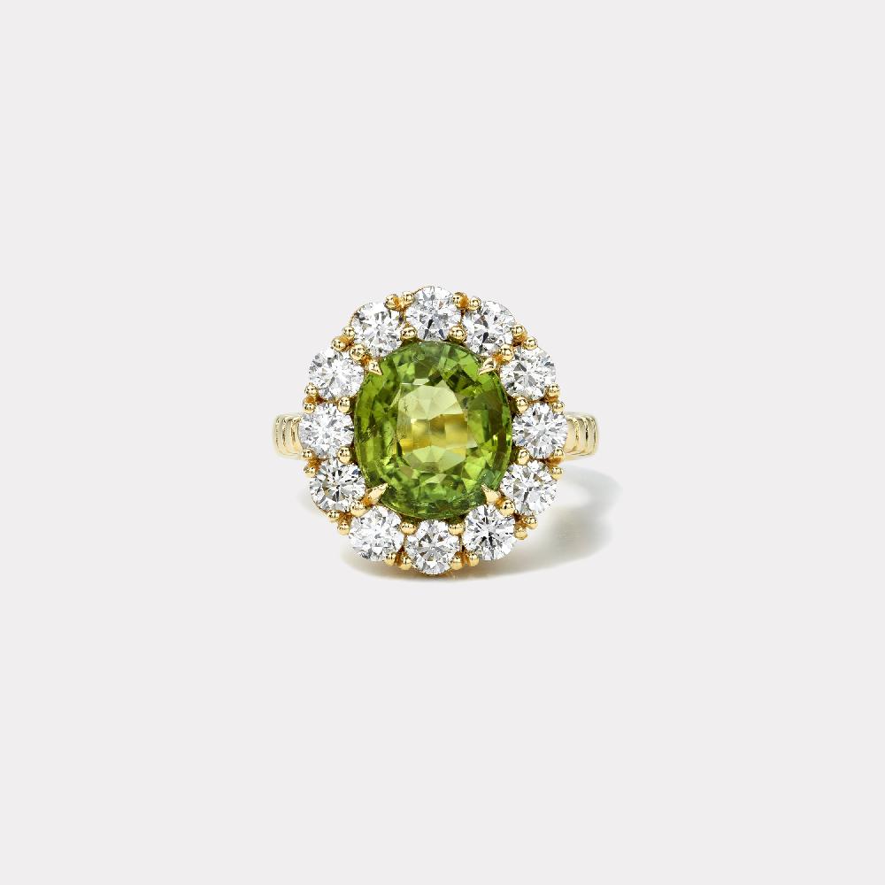 retrouvai 6ct Oval Green Tourmaline and Diamond Heirloom Bezel Ring