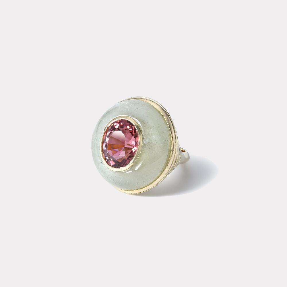 retrouvai 6ct Oval Pink Tourmaline in Hand Carved Aquamarine Lollipop Ring