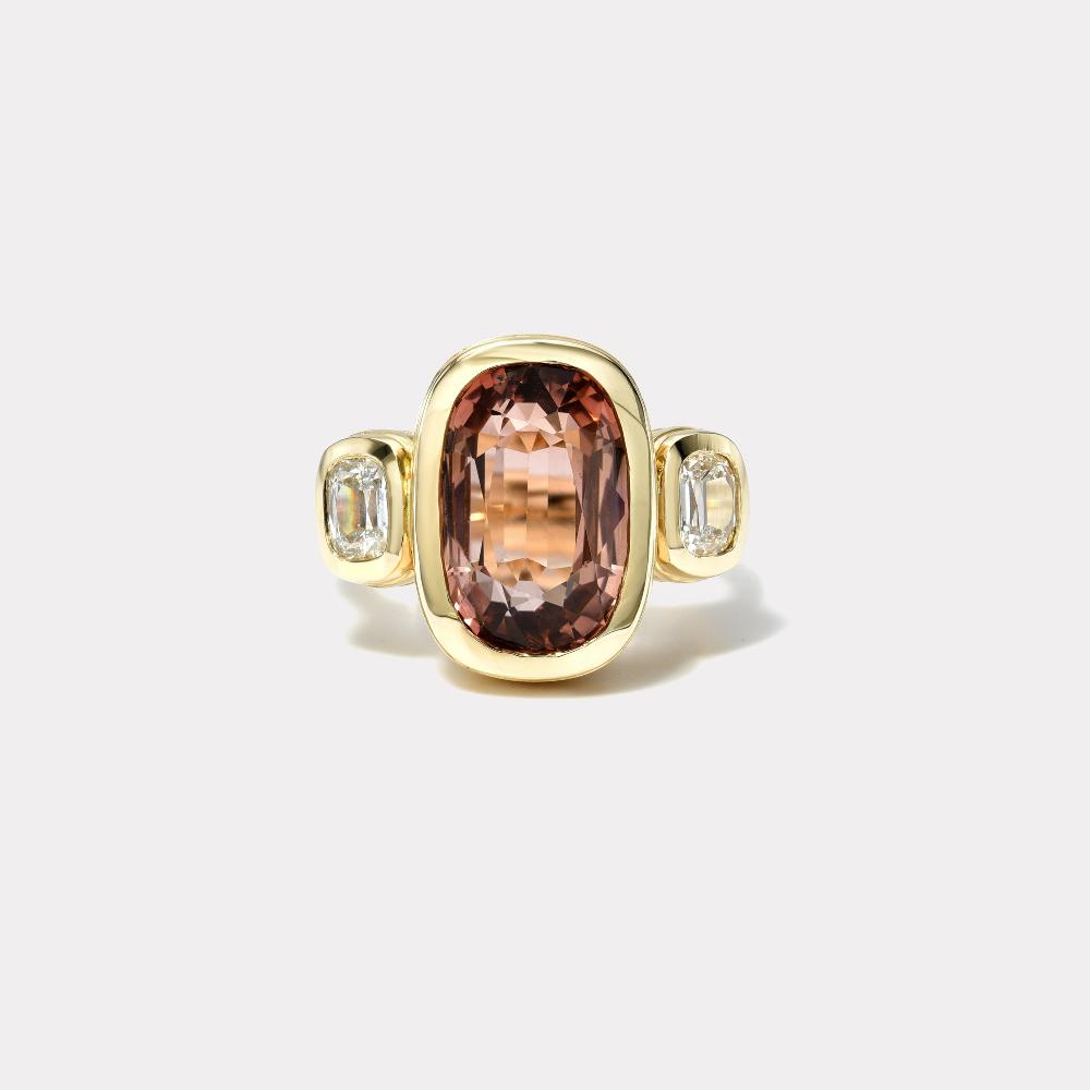 retrouvai 7.08ct Cushion Peach Tourmaline Bubble Ring with .82ct Diamonds